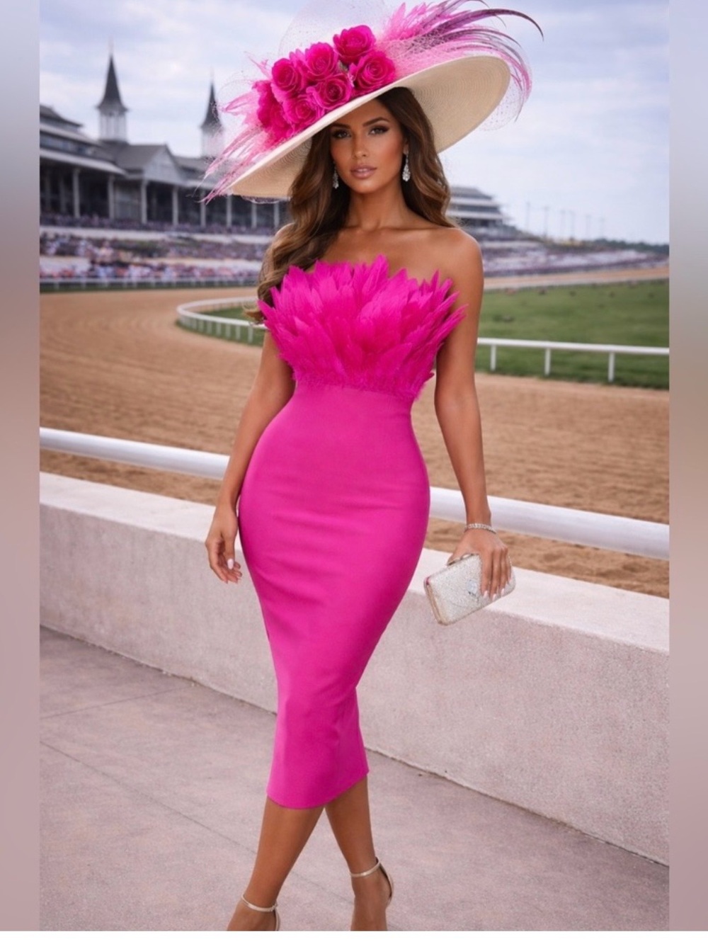 Strapless Hot Pink Feather-Trim Midi Dress